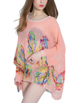 Casual Round Neck See-Through Printed Batwing Sleeve Tunic