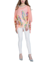 Casual Round Neck See-Through Printed Batwing Sleeve Tunic
