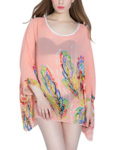 Casual Round Neck See-Through Printed Batwing Sleeve Tunic