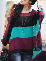 Casual Color Block Hollow Out Striped Round Neck Batwing Sleeve Tunic