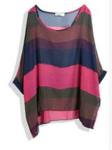 Casual Color Block Hollow Out Striped Round Neck Batwing Sleeve Tunic