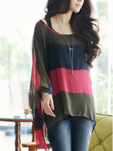 Casual Color Block Hollow Out Striped Round Neck Batwing Sleeve Tunic
