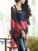Casual Color Block Hollow Out Striped Round Neck Batwing Sleeve Tunic