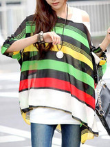 Casual One Shoulder Color Block Hollow Out Striped Batwing Sleeve Tunic
