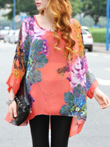Casual Round Neck See-Through Floral Batwing Sleeve Tunic
