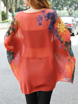 Casual Round Neck See-Through Floral Batwing Sleeve Tunic