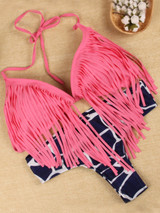 Casual Halter Fringe Color Block Printed Bikini