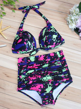 Casual Halter Ruched Abstract Print Bikini