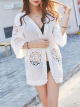 Casual Pompom-Trim Hollow Out Plain Kimono
