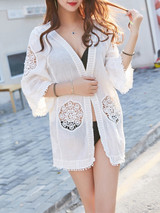 Casual Pompom-Trim Hollow Out Plain Kimono