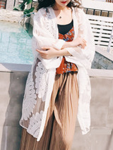 Casual Longline See-Through Crochet Plain Kimono