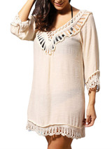 Casual Deep V-Neck See-Through Crochet Plain Tunic