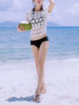 Casual Round Neck See-Through Plain Short Sleeve Tunic