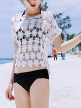 Casual Round Neck See-Through Plain Short Sleeve Tunic