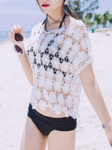 Casual Round Neck See-Through Plain Short Sleeve Tunic