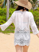 Casual Deep V-Neck Lace-Up See-Through Crochet Plain Tunic