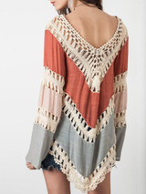 Casual V-Neck Crochet Color Block Hollow Out Tunic