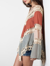 Casual V-Neck Crochet Color Block Hollow Out Tunic
