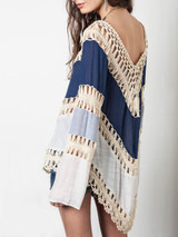 Casual V-Neck Crochet Color Block Hollow Out Tunic