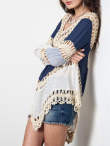 Casual V-Neck Crochet Color Block Hollow Out Tunic