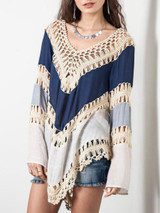 Casual V-Neck Crochet Color Block Hollow Out Tunic
