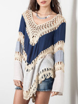 Casual V-Neck Crochet Color Block Hollow Out Tunic