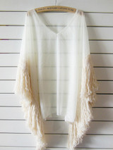 Casual V-Neck Fringe See-Through Plain Tunic