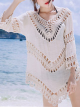 Casual V-Neck See-Through Crochet Plain Tunic