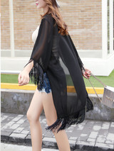Casual Fringe See-Through Plain Longline Kimono