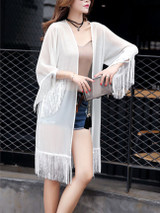 Casual Fringe See-Through Plain Longline Kimono