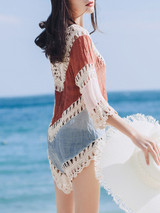 Casual V-Neck See-Through Color Block Tunic