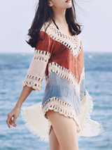 Casual V-Neck See-Through Color Block Tunic