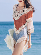 Casual V-Neck See-Through Color Block Tunic