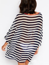 Casual Round Neck See-Through Keyhole Striped Tunic