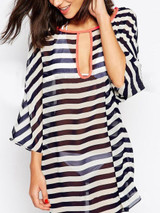Casual Round Neck See-Through Keyhole Striped Tunic
