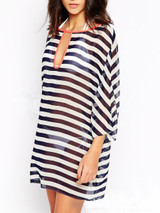 Casual Round Neck See-Through Keyhole Striped Tunic