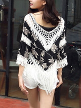 Casual V-Neck Fringe See-Through Crochet Printed Tunic