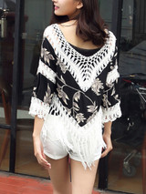 Casual V-Neck Fringe See-Through Crochet Printed Tunic