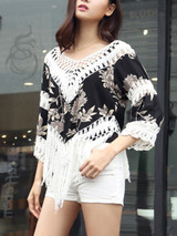 Casual V-Neck Fringe See-Through Crochet Printed Tunic