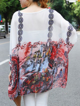 Casual See-Through Printed Round Neck Batwing Sleeve Tunic
