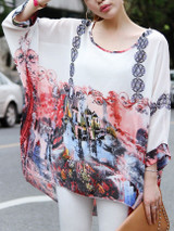 Casual See-Through Printed Round Neck Batwing Sleeve Tunic