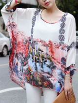 Casual See-Through Printed Round Neck Batwing Sleeve Tunic