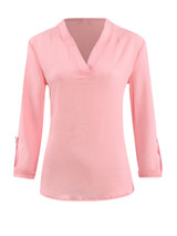 Casual V-Neck Plain Roll-Up Sleeve Simple Blouse