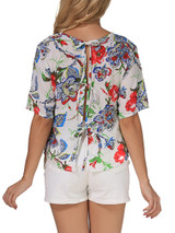 Casual Crew Neck Back Hole Floral Printed Blouse