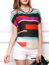 Casual Color Block Hollow Out Striped Round Neck Blouse