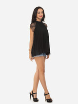 Casual Hollow Out Lace Patchwork Plain Captivating Band Collar Blouse