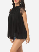 Casual Hollow Out Lace Patchwork Plain Captivating Band Collar Blouse