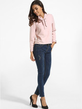 Casual Loose Fitting Bow Collar Dacron Plain Blouse