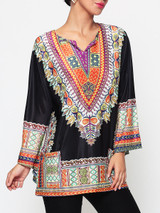 Casual Assorted Colors Tribal Printed Batwing Mandarin Sleeve V Neck Blouse