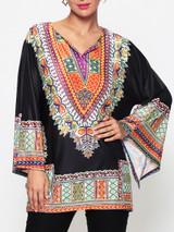 Casual Assorted Colors Tribal Printed Batwing Mandarin Sleeve V Neck Blouse